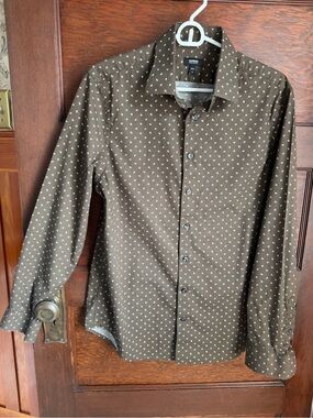 Express Men's Olive Brown Patterned Button-Down Shirt